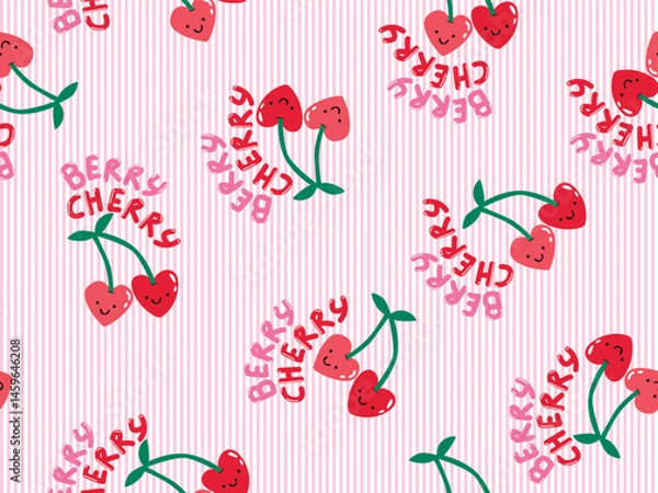 Fototapeta RED HEART DOODLE TWIN CHERRY SEAMLESS PATTERN WITH CHERRY BERRY TEXT ON PINK STRIPE BACK GROUND IDEAL FOR KIDS WEAR, SLEEPWEAR, PAJAMA, WALLPAPER, WRAPPING PAPPER IN VECTOR FILE