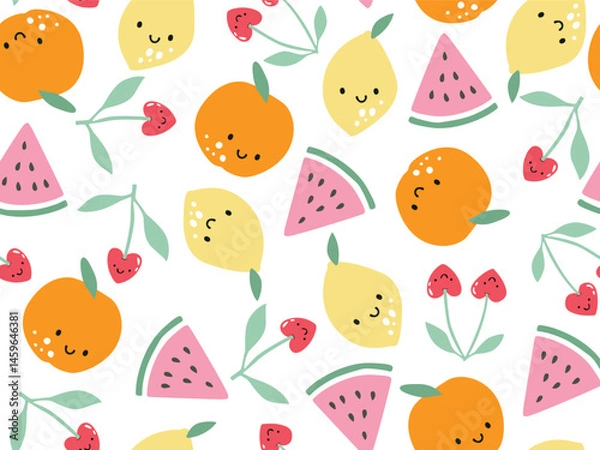 Fototapeta DOODLE SEAMLESS FRUIT PATTERN CHERRY LEMON ORANGE AND WATERMELON PATTERN IDEAL FOR KIDS WEAR, PAJAMA, SLEEPWEAR, WRAPPING PAPER WALL PAPERS VECTOR FILE.