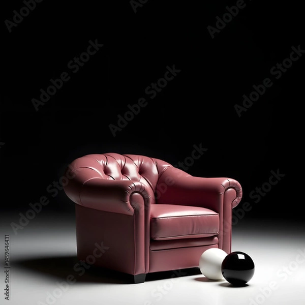 Fototapeta Luxurious deep pink Chesterfield armchair with tufted leather upholstery, rolled arms, and classic button detailing, set against a dramatic black backdrop.