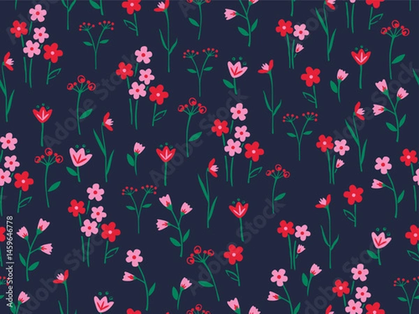 Fototapeta PINK AND RED FLORAL WITH DOODLE SEAMLESS PATTERN WITH DARK BACKGROUND IDEAL FOR KIDS WEAR, SLEEPWEAR, PAJAMA, WALLPAPER, WRAPPING PAPPER IN VECTOR FILE