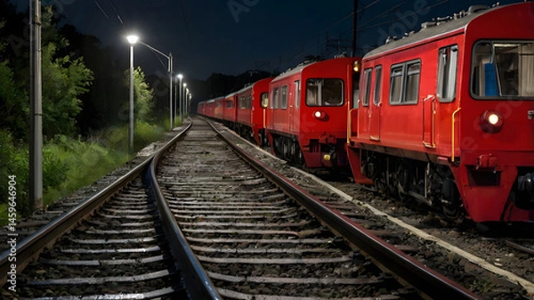 Obraz Red Train Engines on Wet Railway 