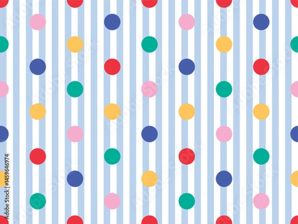 Fototapeta COLORFUL POLKA DOT SEAMLESS PATTERN ON BLUE STRIPE BACKGROUND CIRCUS FUN CIRCUS THEME IDEAL FOR KIDS WEAR, SLEEPWEAR, PAJAMA, WALLPAPER, WRAPPING PAPPER IN VECTOR FILE