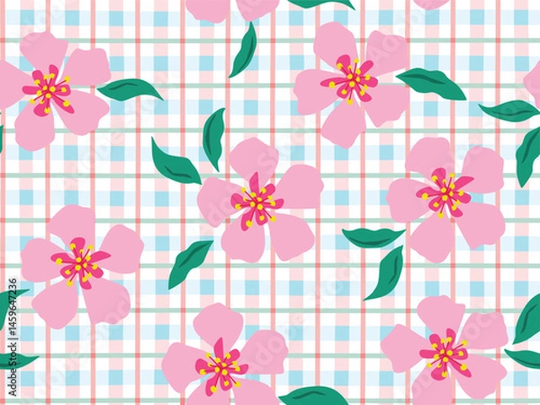 Fototapeta PINK HIBISCUS SEAMLESS PATTERN ON CHECKERED SEAMLESS PATTERN. IDEAL FOR KIDS WEAR, WOMENS WEAR, DRESSES, TOPS, TEXTILE, TAPESTRY, WALL PAPER, WRAPPING PAPER. ้PINK HIBISCUS SEAMLESS PATTERN ON CHECKER