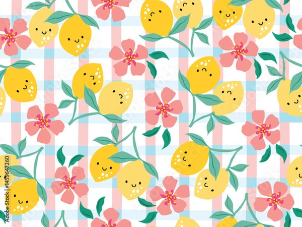 Fototapeta DOODLE SEAMLESS FRUIT PATTERN LEMON AND HIBISCUS SEAMLESS PATTERN ON CHECKERED BACKGROUND IDEAL FOR KIDS WEAR, BEACHWEAR, SWIMWEAR, WRAPPING PAPER WALL PAPERS VECTOR FILE.