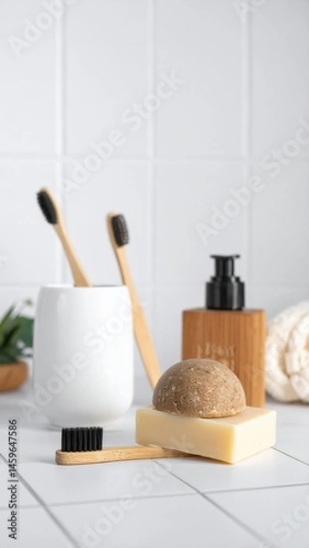 Fototapeta A vibrant soap bar rests on a clean countertop, accompanied by two colorful toothbrushes and a soft-bristled brush, creating a fresh, hygienic scene.