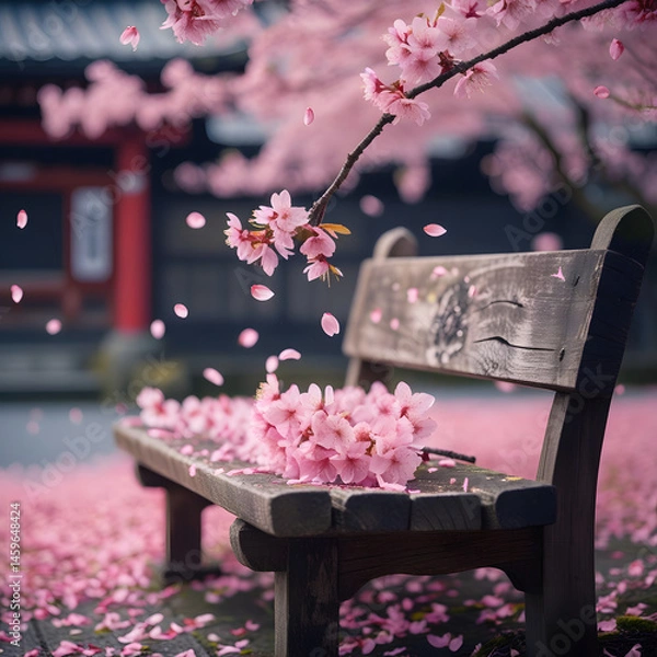 Fototapeta A serene spring scene featuring a weathered wooden bench beneath a blooming cherry blossom tree, with pink petals gently falling and carpeting the ground.