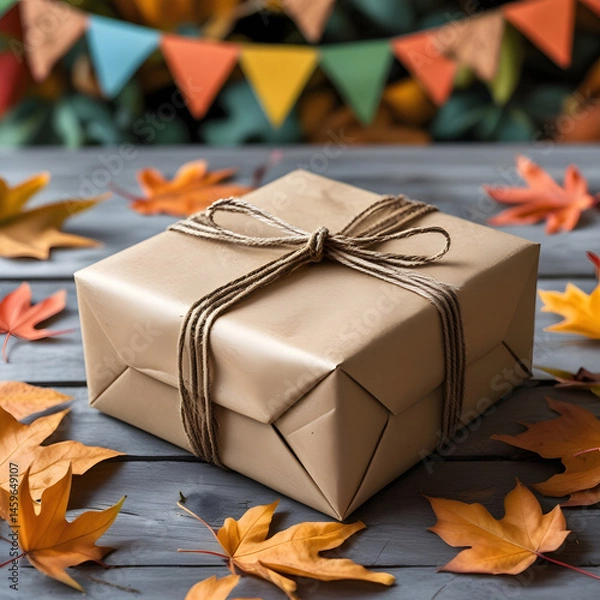 Fototapeta A neatly wrapped gift box with rustic twine, surrounded by autumn leaves and colorful bunting in the background, creating a festive fall atmosphere.