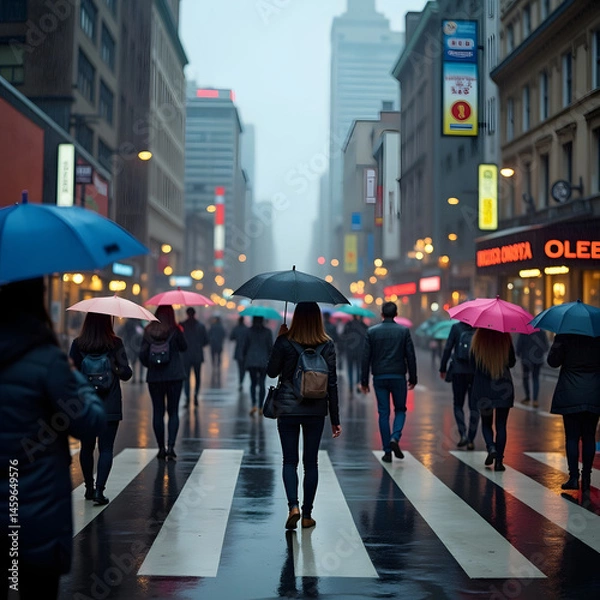 Fototapeta A crowd of people with umbrellas cross a rainy city street, surrounded by tall buildings and glowing lights on a misty day.