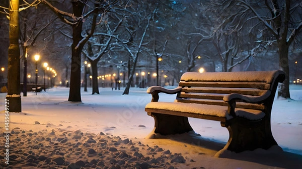 Obraz Snowy Park Bench at Night