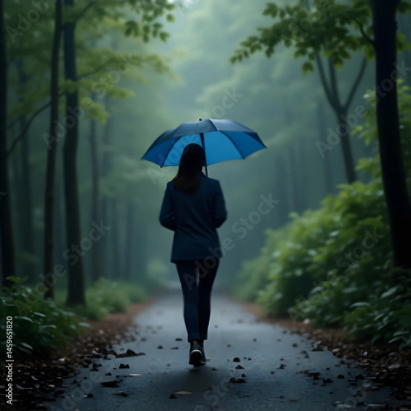 Fototapeta A person walks alone down a serene, misty forest path holding a blue umbrella, surrounded by lush greenery and calm atmosphere.