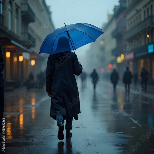 Fototapeta A solitary person walks down a misty, rain-soaked city street holding a blue umbrella, surrounded by soft lights and blurred figures in the distance.