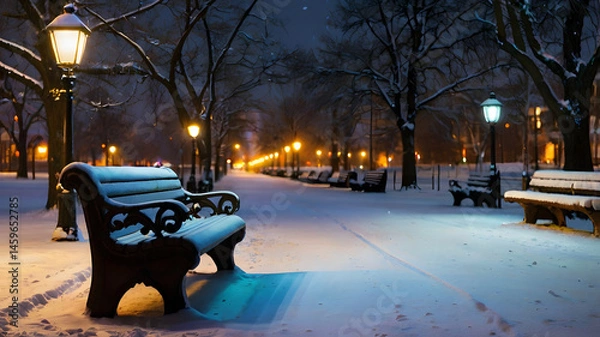 Obraz Snowy Park Bench at Night