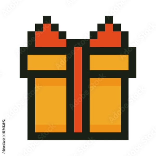 Fototapeta Pixel art gift box with ribbon and bow emoji. Retro 8 bit style yellow and red present icon. Ideal for holidays, Christmas, birthdays or game design. Vector illustration isolated on white background.