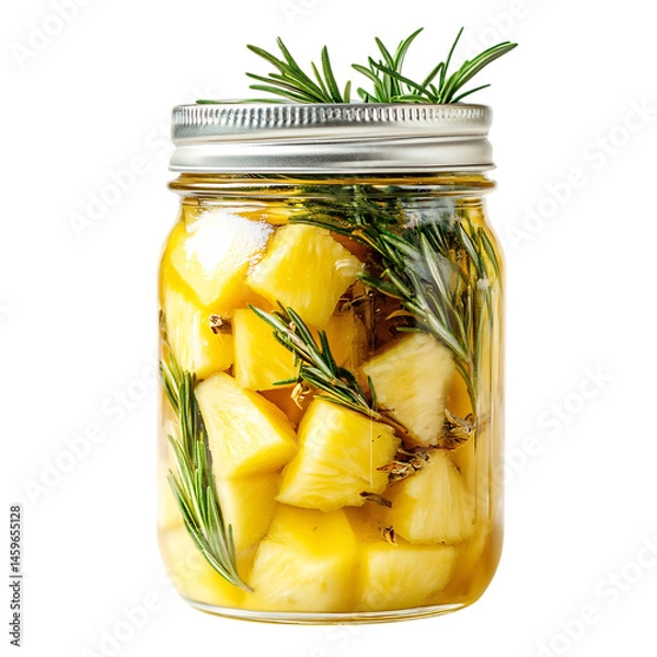 Fototapeta Pineapple Chunks with Rosemary and Thyme in Mason Jar Isolated on Transparent Background