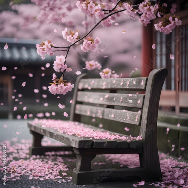 Fototapeta A serene spring scene featuring a weathered wooden bench beneath a blooming cherry blossom tree, with pink petals gently falling and carpeting the ground.