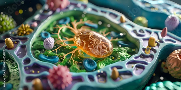 Obraz human cell, ,cell structure, mitochondria nucleus cell biology organelle 3D background, Crosssectional of eukaryote ,plant and animals cell colorful ,cell wall, and Chloroplast,endoplasmic reticulum,	