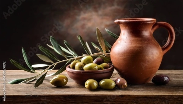 Obraz rustic still life of olives and clay jug on wooden table with olive branches
