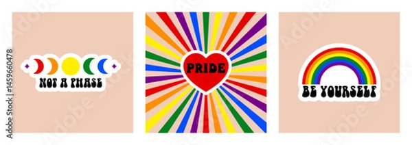 Fototapeta Set of retro posters for LGBTQIA Pride Month. Social media post with groovy queer slogans and phrase. Vector illustration