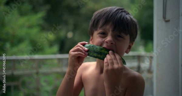 Fototapeta Boy enjoying a slice of watermelon while standing on a balcony, savoring a refreshing snack in a relaxed outdoor environment, surrounded by greenery