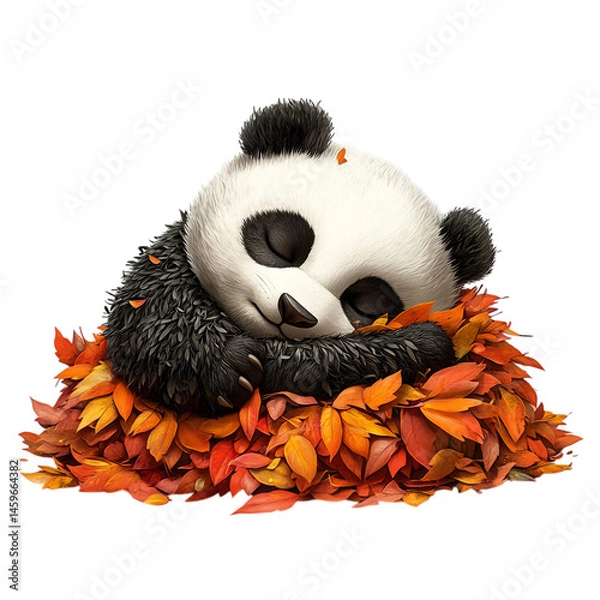 Fototapeta A Cartoon Panda Napping on a Pile of Leaves Isolated on Transparent Background