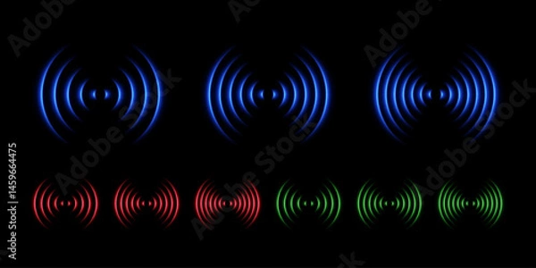 Fototapeta Sound wave neon light effect. Echo with concentric laser glow. Vector set of elements in blue, green and red.