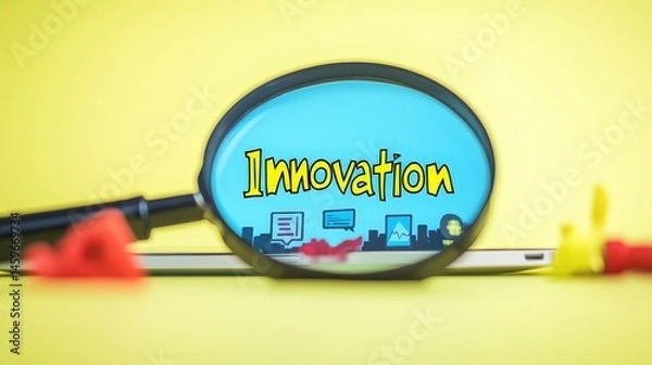 Fototapeta magnifying on word in business concept. Creative concept of innovation through a magnifying glass on a laptop.