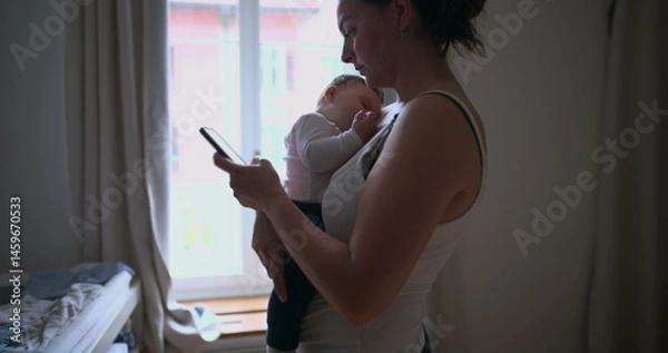 Fototapeta Mother holding her baby while using a smartphone, multitasking in a home environment with soft natural light coming through the window