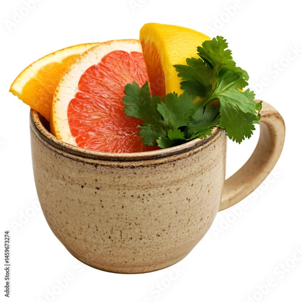 Fototapeta Grapefruit Cilantro and Orange in Ceramic Mug Isolated on Transparent Background
