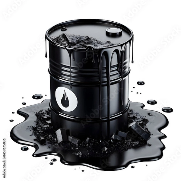 Obraz Black oil or petroleum spilled leaking from a black barrel, environmental pollution concept isolate on White background