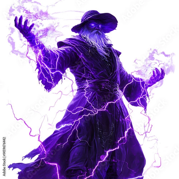 Fototapeta A Purple and Black Cartoon Wizard Summoning Lightning Isolated on Transparent Background