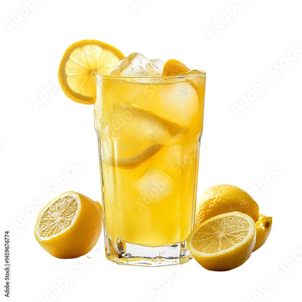 Fototapeta Glass of Lemonade with Ice and Lemon Slices Isolated on Transparent Background