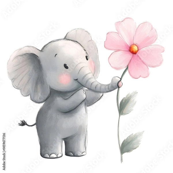 Fototapeta Cartoon Elephant Holding a Flower in Trunk Isolated on Transparent Background