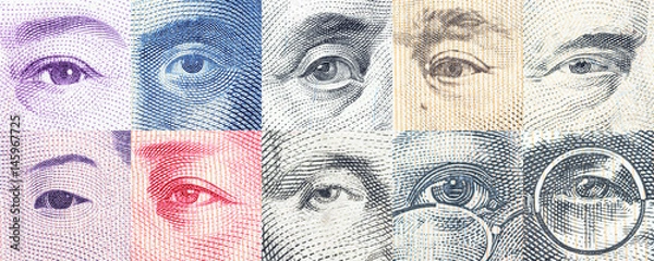 Fototapeta Portraits / images / the eyes of famous leader on banknotes, currencies of the most dominant countries in the world i.e. Japanese yen, US dollar, Chinese yuan, Australian dollar. Financial concept.