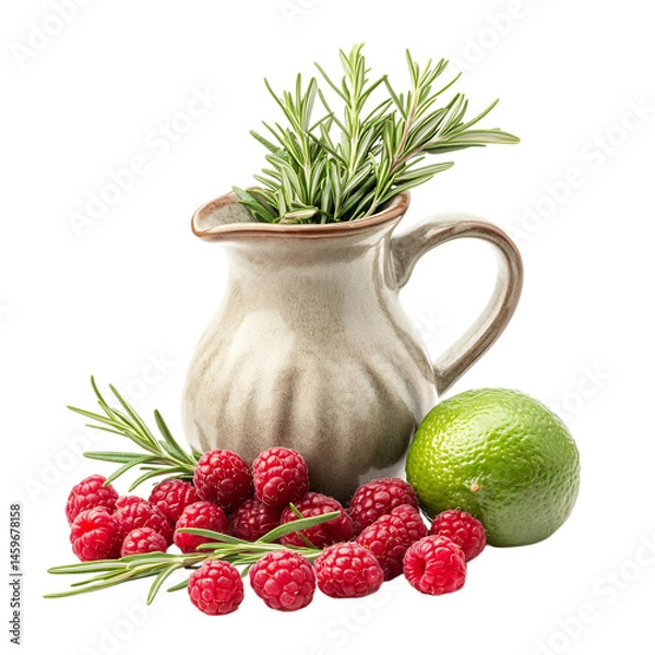 Fototapeta Raspberries Rosemary and Lime in a Ceramic Jug Isolated on Transparent Background