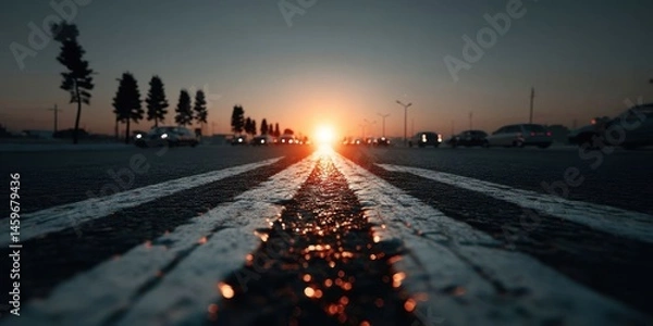 Fototapeta Glowing Road with Luminous Arrows at Sunset Symbolizing Progress and Ambition
