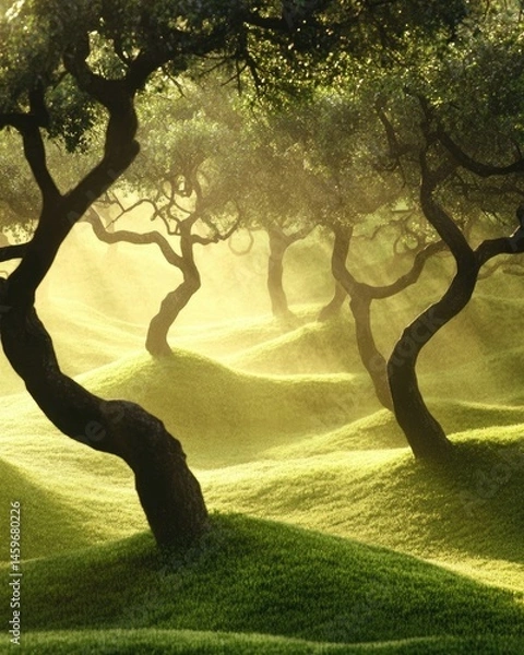 Fototapeta Sunlit trees, gently rolling hills, lush green landscape.  Misty, golden light filters through the canopy of gnarled, twisting trees.  A serene, tranquil scene
