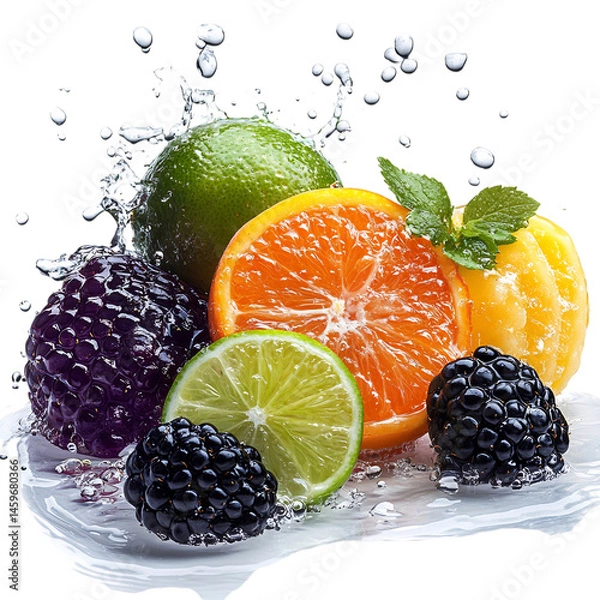 Fototapeta Artistic Neon Fruit Pop Blackberry with Water Splash Isolated on Transparent Background