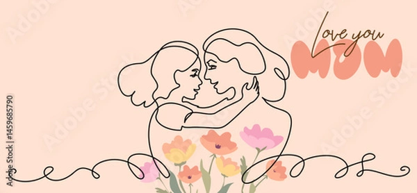 Fototapeta Happy Mothers day card. Continuous one line drawing. Woman hold her small daughter.