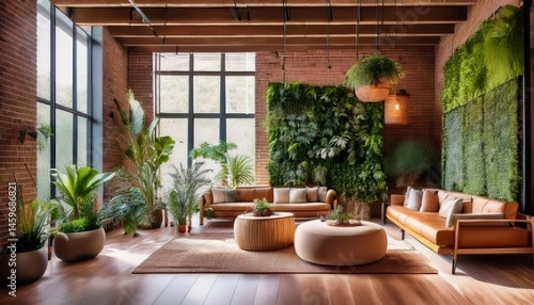 Fototapeta indoor vertical gardens biophilic design eco friendly indoor jungle inspired lounge with layered greenery exposed brick and natural fiber furnishings