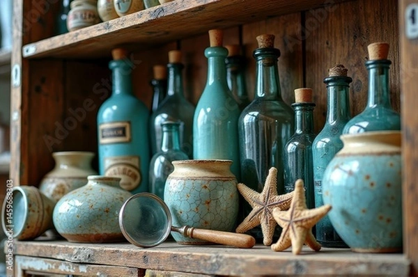 Fototapeta Rustic coastal shelf display with vintage blue bottles and starfish accents