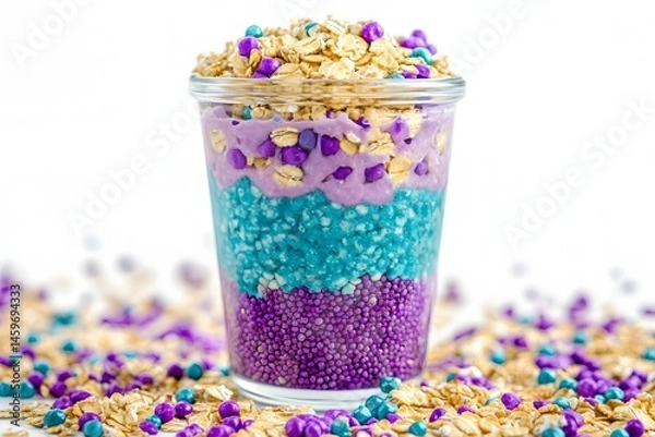 Fototapeta Colorful Layered Dessert with Yogurt, Oats, and Sprinkles in a Glass