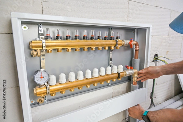 Fototapeta A dedicated plumber is carefully configuring a modern plumbing control setup, ensuring precise performance of the home's plumbing system with specialized tools