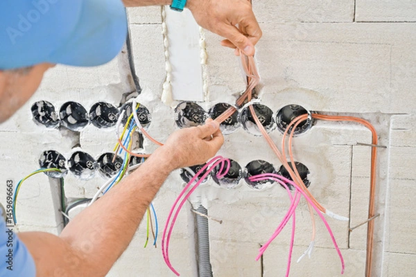 Fototapeta A close-up view of colorful wiring connections being handled by an electrician, showcasing the complexity and intricacies involved in modern electrical installations