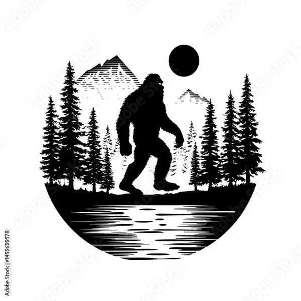 Fototapeta Bigfoot silhouette walking in forest with mountains and sun, circular composition in black and white