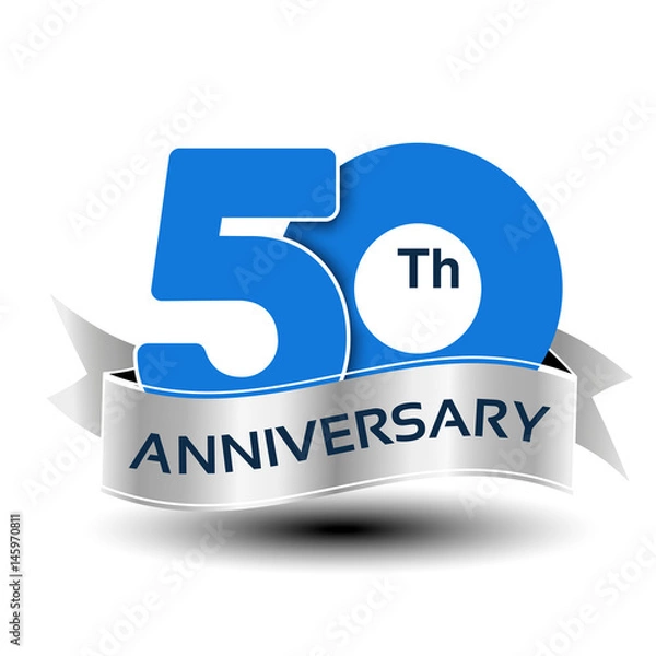 Fototapeta Vector 50 years anniversary, blue number with silver ribbon