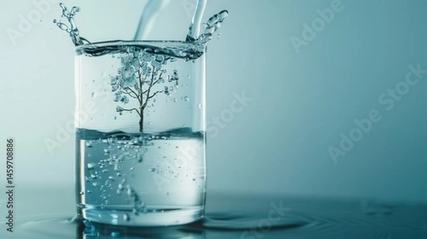 Fototapeta Glass of Water with a Tree Inside Surrounded by Splashes of Water