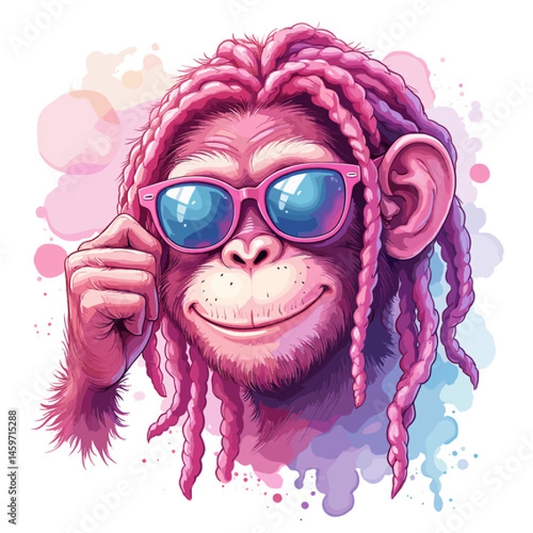 Obraz Pink monkey wearing sunglasses and smiling on a transparent background, vector illustration