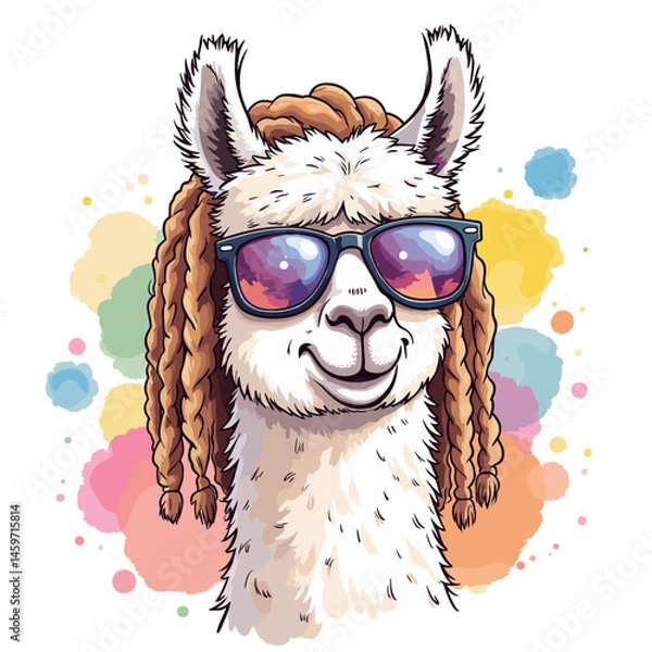 Obraz Llama wearing sunglasses with a cheerful expression on a transparent background, vector illustration
