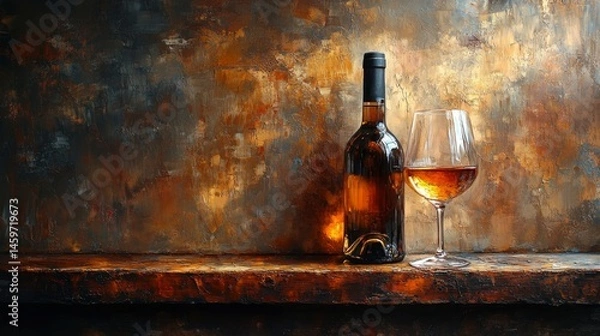 Fototapeta Vintage wine bottle and glass on a wooden table, rich amber hues, reflective surfaces, soft light accentuating the textures of the bottle and glass with room for text placement 