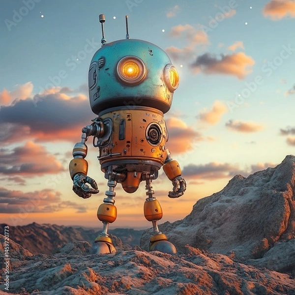 Fototapeta Cute robot stands on a rocky landscape at sunset.  Rusty, vintage-style design with vibrant colors.  Bright, glowing eyes